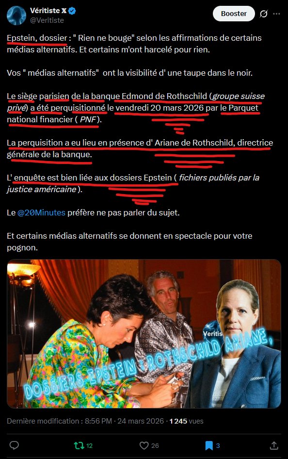 Veritiste's tweet photo. Un fil très long, condensé en un court résumé.
Une sauvegarde des informations, en prévision de ce qui va se passer.

La banque Rothschild & Co (et avant elle Banque Rothschild) a longtemps servi de vivier pour la haute fonction publique et la politique française :

Georges Pompidou : Ancien président.
Directeur général de la Banque Rothschild (1954-1962) avant de devenir Premier ministre puis Président de la République (1969-1974). Guy de Rothschild l’appelait un « ami fidèle ».

Emmanuel Macron : 
Banquier d’affaires chez Rothschild & Co (2008-2012), où il a géré des deals majeurs (Nestlé, etc.). David de Rothschild l’a publiquement qualifié de « protégé ». C’est le lien le plus médiatisé et récent.
Autres figures sorties de la banque : Henri Emmanuelli (a travaillé à la Cie Financière Edmond de Rothschild), François Pérol, Nicolas Bazire (ex-chef de cabinet d’Édouard Balladur), et des liens avec Édouard Balladur, Jacques Chirac, Jean-François Copé, Charles Beigbeder.
Historique : James de Rothschild finançait Louis-Philippe Ier ; Alphonse de Rothschild (fils) a orchestré les emprunts de libération post-1870 pour payer l’Allemagne et maintenir Adolphe Thiers au pouvoir.

La branche Edmond (fondée par Edmond de Rothschild en 1953 à Paris, aujourd’hui genevoise mais avec bureaux français) a aussi des liens : 

🚨perquisition récente (2026) au bureau parisien dans le cadre des dossiers Epstein🚨,⚠️ impliquant Ariane de Rothschild (PDG)🚨⚠️ et un⚠️ ex-salarié français, le 🚨diplomate🚨 Fabrice Aidan⚠️.

2. Culture, jet-set et vie mondaine en France :
La branche française a toujours été au cœur de la haute société parisienne :

Guy de Rothschild (1909-2007) et Marie-Hélène de Rothschild : Hôtes légendaires du château de Ferrières.

Le Bal Surréaliste de 1972 (organisé par Marie-Hélène) reste mythique : Salvador Dalí a collaboré à la déco et aux costumes ; invités incluaient Audrey Hepburn, Marisa Berenson et la jet-set européenne.

Salons du XIXe : James et Betty de Rothschild recevaient Honoré de Balzac, Alexandre Dumas, George Sand, Frédéric Chopin dans leur hôtel particulier rue Laffitte.

Edmond James de Rothschild (1845-1934) : Grand collectionneur et mécène (sciences, archéologie, Institut de biologie physico-chimique avec Marie Curie et Jean Perrin).

Autres : Henri de Rothschild a financé les Ballets Russes de Diaghilev à Paris (1909).

3. Liens français aux USA et expansion internationale.

La branche française a une présence historique et actuelle aux États-Unis (exil, affaires, philanthropie) :

Exil WWII : Pendant l’Occupation, de nombreux membres de la branche française se réfugient à New York. Ils y posent les bases de l’activité américaine moderne de Rothschild & Co (bureaux ouverts dans les grandes places financières mondiales).

David Mayer de Rothschild (lié à la famille via les branches) : Activiste environnemental, producteur, passe beaucoup de temps à Santa Monica (Californie). Il incarne l’extension "" verte "" de la famille.

Ariane de Rothschild (épouse de Benjamin, branche Edmond) : 
Liens documentés avec ⚠️🚨Jeffrey Epstein 🚨⚠️ (plus de 5 000 emails 2013-2019, réunions, contrats). Elle dirige le groupe avec des bureaux aux USA ; l’affaire a touché les opérations françaises.

Bethsabée de Rothschild (1914-1999, descendante française) : Soutien majeur de la chorégraphe américaine Martha Graham à New York ; elle a fondé des compagnies de danse aux USA et en Israël.

Affaires historiques : Au XIXe, James et Nathan ont financé des obligations américaines et remplacé Barings comme agent européen de la Bank of the United States (crise 1836-1837).

Aujourd’hui : Rothschild & Co opère mondialement (90 pays) ; la branche française a fusionné avec des partenaires (ex.🚨 famille Maurel en France🚨) tout en gardant des liens transatlantiques forts.

4. Liens mondiaux via la branche françaisePhilanthropie et Israël : 
Edmond de Rothschild (le « père des 🚨Yishouv 🚨») a ⚠️financé massivement la colonisation juive en Palestine (vignobles, villages)⚠️. Ses restes ont été rapatriés en Israël en 1954 avec funérailles nationales (David Ben Gourion présent). 
🚨La famille reste très impliquée (Ariane et autres).🚨

Alliances matrimoniales et réseaux : 
Mariages avec aristocratie italienne (Aldobrandini pour David), hongroise, etc. 
Proximité avec d’autres dynasties (Sassoon, Warburg, Cahen d’Anvers via salons parisiens).

Art et danse : Soutien international (Ballets Russes à Paris, danse contemporaine aux USA via ⚠️🚨Bethsabée*⚠️🚨).

La famille reste une dynastie bancaire discrète, centrée sur la gestion de fortune, le conseil (fusions-acquisitions) et la philanthropie. Les liens sont réels (affaires, mariages, événements mondains)

La branche française (Rothschild & Co + Edmond) est aujourd’hui plus centrée sur l’Europe et la gestion privée.

Les liens business et le sauvetage de l’empire Bolloré 1975 : 
L’entreprise familiale Bolloré (papeteries en Bretagne) est en difficulté. Les frères Vincent et Michel-Yves Bolloré reprennent le contrôle à parité avec la Compagnie financière Edmond de Rothschild. 

Edmond de Rothschild entre au capital (moitié des parts via un holding) et aide financièrement.

1981 : Vincent quitte la banque Edmond de Rothschild et 🚨 rachète la part des Rothschild pour ⚠️1 franc⚠️ symbolique🚨.
🤥 C’est le moment où il transformerait la petite papeterie en empire mondial (logistique, ⚠️Afrique⚠️, etc.). Sans cette aide Rothschild, l’entreprise familiale aurait soi-disant coulé.

⚠️🚨Vincent a commencé sa carrière comme stagiaire puis directeur adjoint chez Edmond de Rothschild à 23 ans. 🚨⚠️
Son père Michel Bolloré recevait déjà Edmond de Rothschild et d’autres (Dassault, etc.) dans son hôtel particulier parisien.