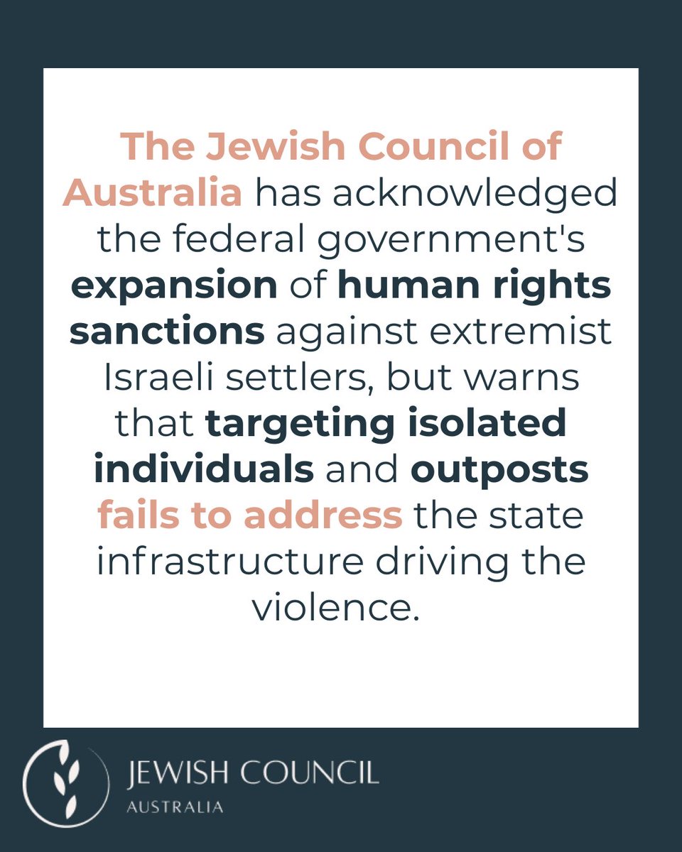 jewishcouncilAU's tweet photo. The Jewish Council demands country-level sanctions as West Bank settler outposts targeted.

Today's sanctions by the Australian government are a welcome step but they do not go nearly far enough. See the full media release at: https://t.co/7HClf66rwB https://t.co/XeoDuczSHK