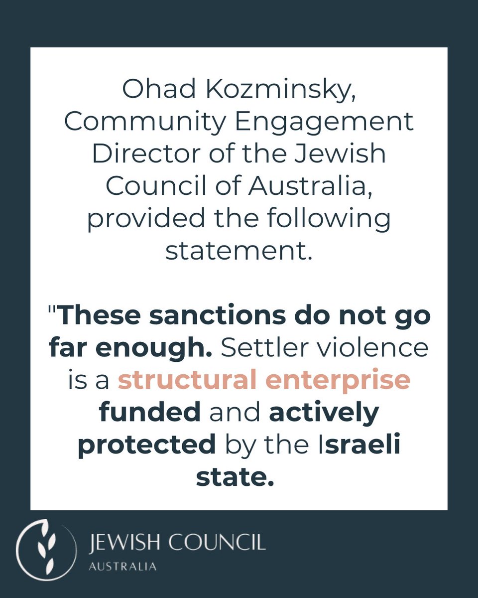 jewishcouncilAU's tweet photo. The Jewish Council demands country-level sanctions as West Bank settler outposts targeted.

Today's sanctions by the Australian government are a welcome step but they do not go nearly far enough. See the full media release at: https://t.co/7HClf66rwB https://t.co/XeoDuczSHK