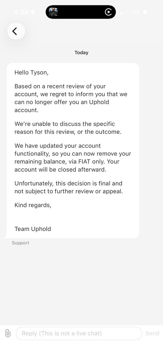 tyson_goff's tweet photo. Careful with @UpholdInc I never did anything out of the ordinary. Used their card for XRP rewards and used it daily... was basically replacing my bank with them. Then they kicked me off, made me sell my crypto, and refuse to explain or allow any remedy for whatever happened. 

Super frustrating. Stuck now without the use of that card which was highly convenient.