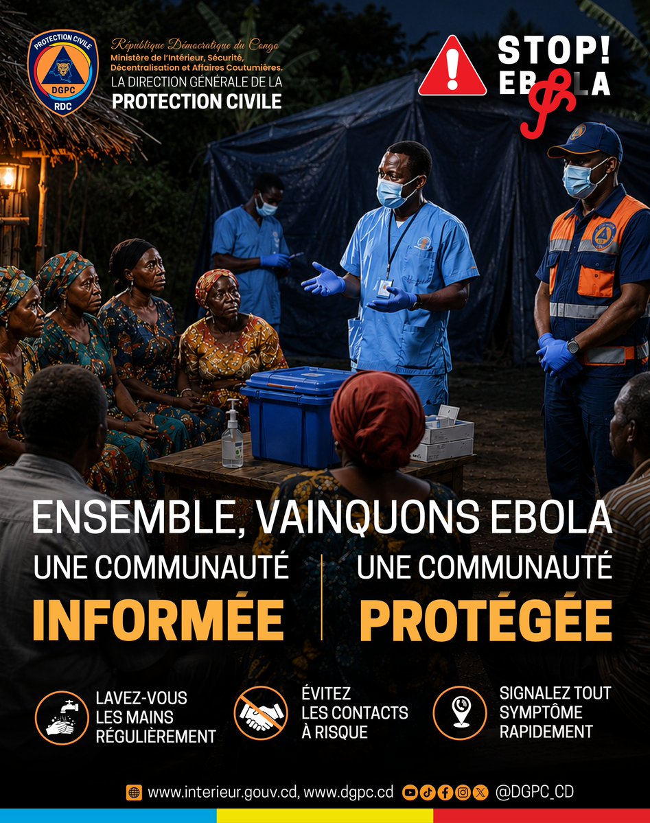 dgpc_cd's tweet photo. 🚨🤝 Ensemble, vainquons Ebola : L'information est notre meilleure arme.

Une communauté bien informée est une communauté protégée. La lutte contre la maladie à virus Ebola ne se gagne pas seulement dans les centres de traitement, elle se gagne sur le terrain, avec vous.
Les agents de santé et de la Protection Civile sont vos partenaires. Écoutez leurs conseils, posez vos questions et barrez la route aux fausses rumeurs.

🛡️ Les  règles d'or : 
* Lavez-vous les mains régulièrement.
* Limitez les contacts physiques à risque.
* Évitez de toucher les animaux morts ou malades.
* Au moindre symptôme (fièvre, fatigue intense, saignements), alertez les secours.

L'ignorance nourrit le virus, la connaissance l'arrête. Protégeons-nous mutuellement !

Ensemble, mobilisons-nous pour stopper la propagation du virus.

#StopEbola #CommunautéForte #DGPCRDC #SolidaritéRDC #Prévention