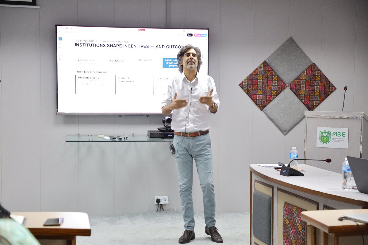 PIDEpk's tweet photo. The PIDE–World Bank Lecture Series featured Tobias Haque (@HaqueTobias), Lead Country Economist at the World Bank, who delivered a lecture titled “𝐈𝐧𝐬𝐭𝐢𝐭𝐮𝐭𝐢𝐨𝐧𝐬 𝐚𝐧𝐝 𝐄𝐜𝐨𝐧𝐨𝐦𝐢𝐜 𝐃𝐞𝐯𝐞𝐥𝐨𝐩𝐦𝐞𝐧𝐭.”

The lecture explored the critical role of institutions in shaping economic outcomes and examined how governance structures, political incentives, and institutional arrangements influence long-term growth and development.

A key focus of the discussion was the relationship between political and economic institutions, the persistence of weak institutional systems, and the challenges of implementing institutional reforms in developing countries. The session emphasized that sustainable development requires context-specific solutions that account for local power dynamics, governance realities, and institutional capacity.

The session concluded with an engaging discussion on the role of institutions in driving economic transformation and the policy lessons for fostering inclusive and sustainable development.

@nadeemjavaid75, @betterpakistan, @PlanComPakistan, @GovtofPakistan, @WorldBankSAsia, @FaheemJehangir, @Fizzscreams 

#PIDE #WorldBank #LectureSeries #Institutions #EconomicDevelopment #Governance #PublicPolicy #PakistanEconomy #Research #Development