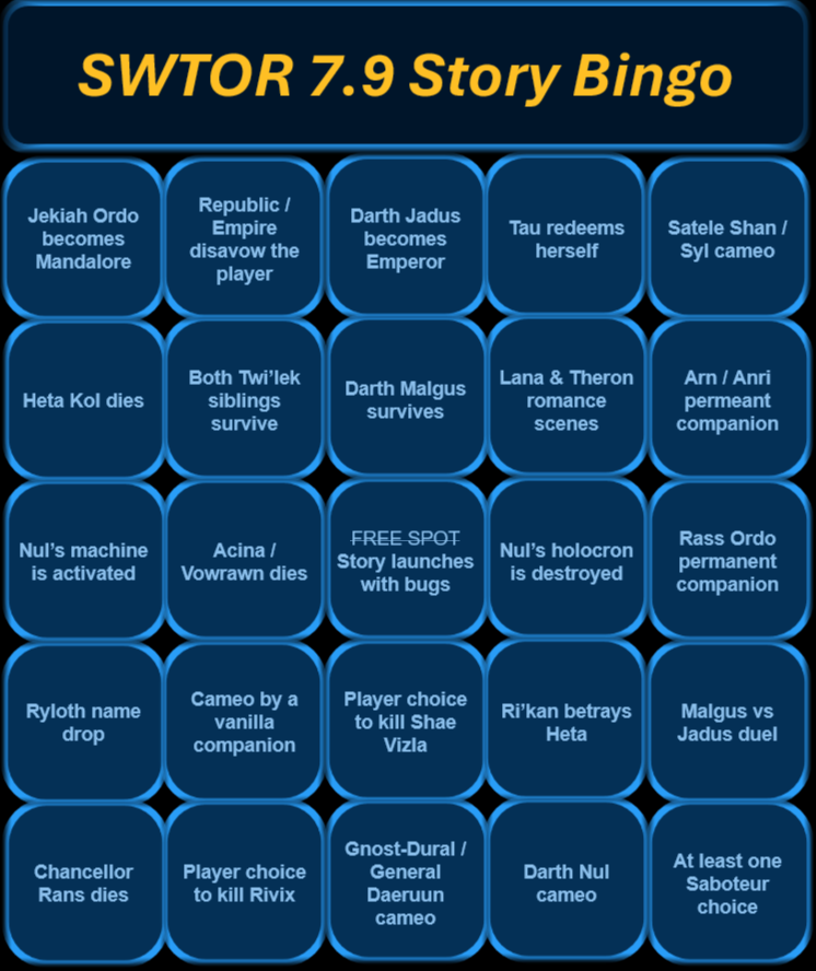 rSWTOR's tweet photo. Wanted to share my 7.9 Story Bingo card! What wild predictions/theories do you have for tomorrow's update? https://t.co/HJixZj1b8h
#SWTOR #StarWars https://t.co/ofrNxV1pdv