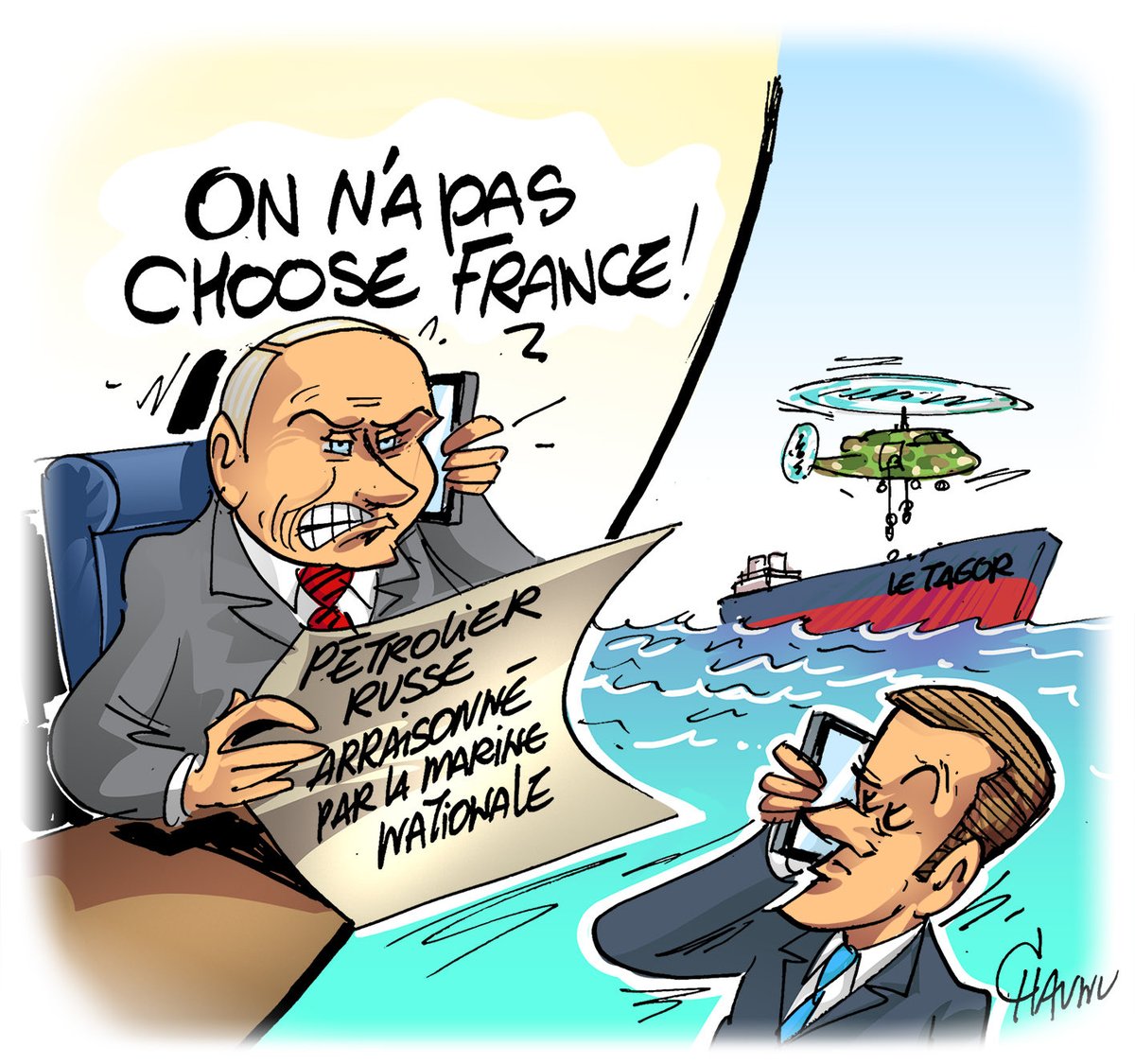 EmmanuelChaunu's tweet photo. ✏️ dessin du jour pour @_lunion : tensions diplomatiques après l’arraisonnement d’un navire russe par la marine française https://t.co/5Gx8oAGfVt