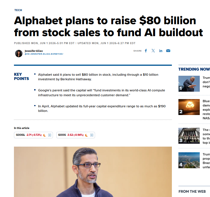 AlexBriz1's tweet photo. $GOOGL  just announced it plans to raise $80 billion through stock sales to fund its massive AI infrastructure buildout.

This includes a $10 billion private placement by Berkshire Hathaway.

Key points from the filing:
- The capital will support “unprecedented customer demand” for AI compute
- Full-year capex guidance raised to as much as $190 billion
- Google is clearly going all-in on AI infrastructure

This is one of the largest equity raises in tech history — and a very strong signal that the AI race is far from over.

Even after years of heavy spending, Alphabet is doubling down. The era of massive AI capex is not slowing down; it’s accelerating.

I remain very bullish on the entire AI infrastructure theme.

What’s your take?