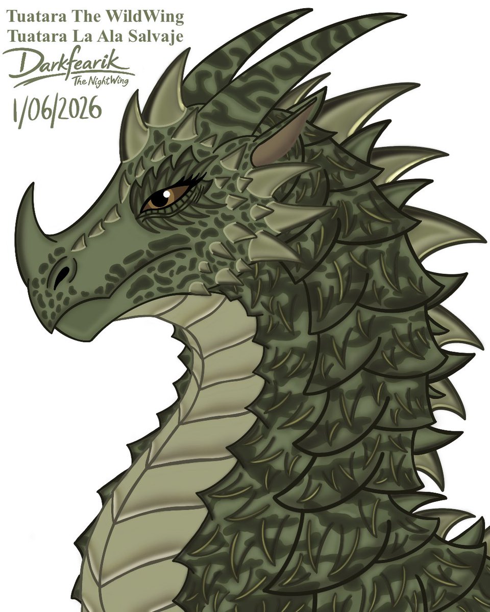 Darkfearik_NW's tweet photo. Tuatara the WildWing. This is how I imagined her. I was inspired by the camouflage patterns on soldiers' uniforms for the pattern of her scales. I was very busy these past three weeks, but I'm back! #WingsofFire #wof #Tuatara #WildWing #wingsoffirefanart #wingsoffireart #Dragon https://t.co/EHbM6sLrbU