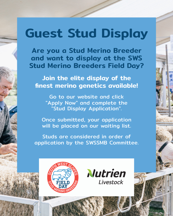 SWSSMB's tweet photo. Calling All Stud Merino Breeders!
Be part of something special at the SWS Stud Merino Breeders Field Day. Head to our website, hit Apply Now, and submit your Stud Display Application. Applications will be added to our waiting list and considered in order of application. https://t.co/blZR7MMIg7
