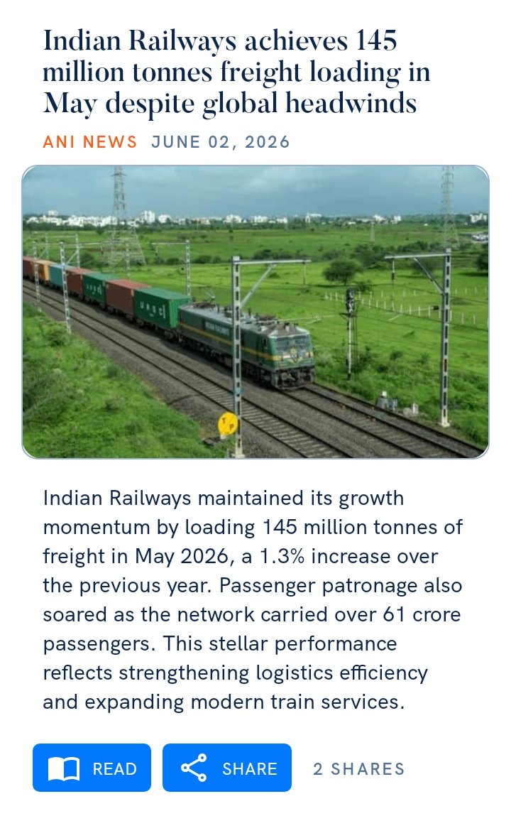 sitamishrabjp's tweet photo. Indian Railways achieves 145 million tonnes freight loading in May despite global headwinds
https://t.co/1fPXFIksYy

via NaMo App https://t.co/HoE5MpxCOy