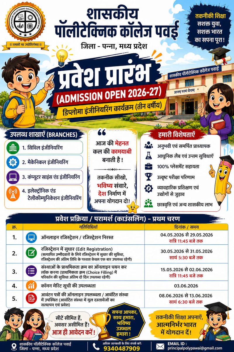 GovtPolypawai's tweet photo. 🎓 Admission Open 2026-27 🎓
शासकीय पॉलिटेक्निक महाविद्यालय, पवई
✅ Diploma Engineering Admission Started
Branches: CSE | Mechanical | Civil | E&amp;T
📍 कलेही मंदिर के पास, हड़ा रोड, पवई
📞 9584280725
✨ अभी रजिस्ट्रेशन करें! https://t.co/D1ci3jXcDF
