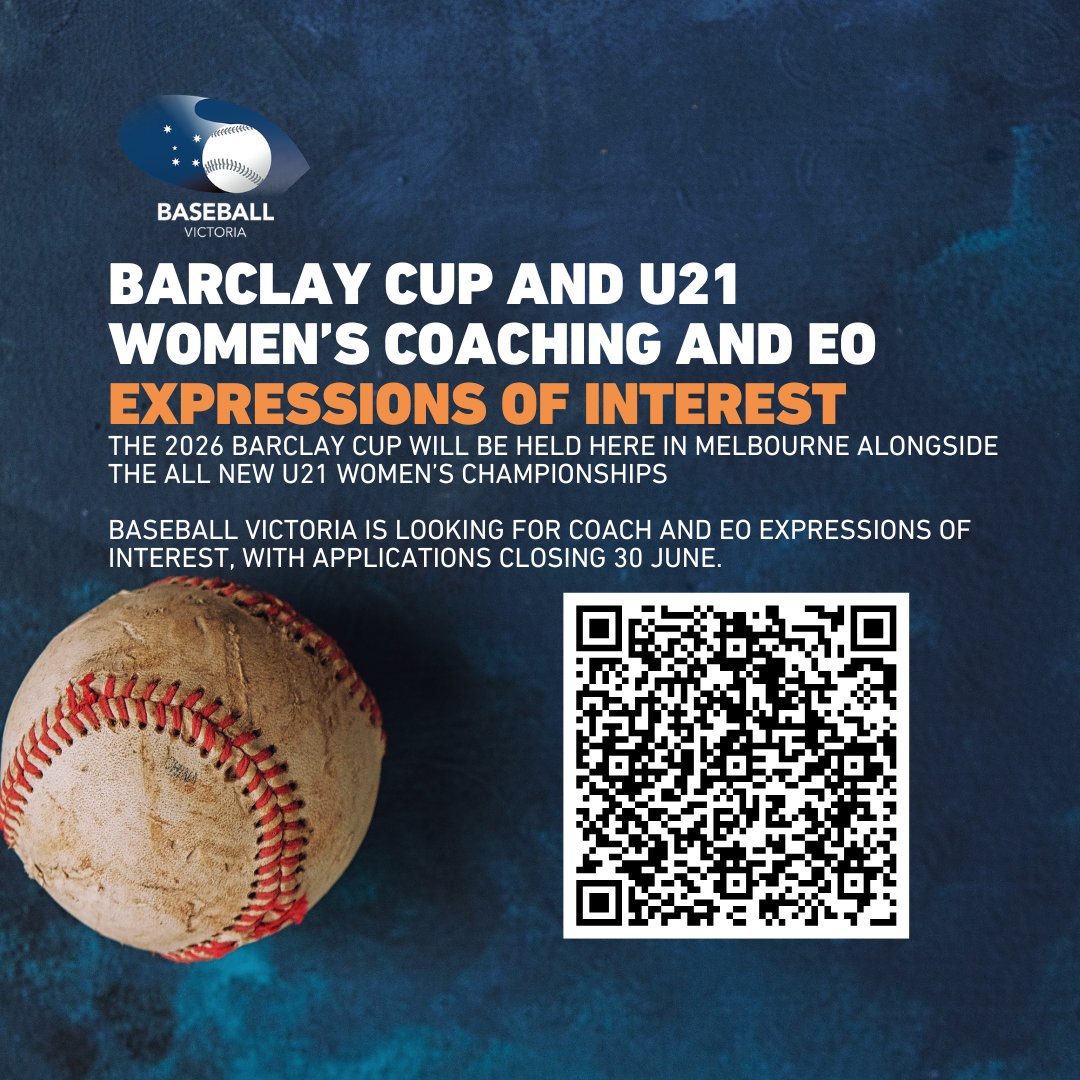 BaseballVic's tweet photo. Barclay Cup is coming to Melbourne in 2026, alongside the all new U21 Women's Championships! 👏

For these events, Baseball Victoria are seeking expressions of interest for coaching and EO staff. These expressions of interest are open until 30 June. 🙌 https://t.co/fyHi4lWXBY