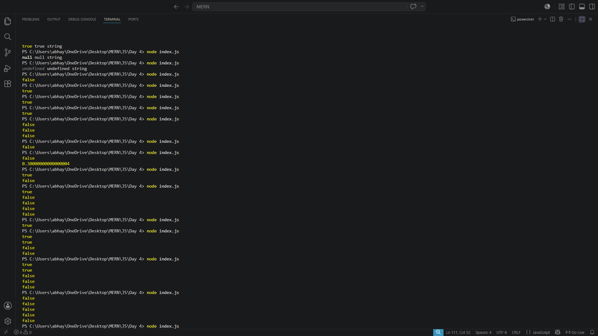abhayyadav19955's tweet photo. 🔑 Day 39: JavaScript flow &amp; precision!

• if/else + truthy/falsy
• classic "for" loop
• floating-point problem (0.1 + 0.2 !== 0.3)

JS quirks + logic = clearer coding 🚀
@rohit_negi9 @CoderArmy 

#Day39 #JavaScript #WebDevelopment #CodingJourney #CoderArmy https://t.co/62vyUMTlsY
