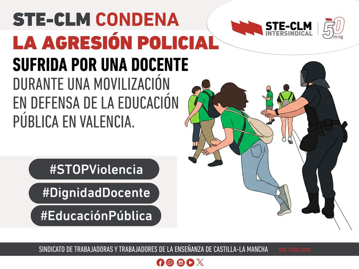 steclm's tweet photo. 📣🙋🏻 STE-CLM condena la AGRESIÓN POLICIAL sufrida por una docente en defensa de la Educación pública en Valencia

❌ Mostramos nuestra más firme condena ante la agresión sufrida por una compañera docente jubilada durante una concentración de apoyo a la huelga educativa en Valencia, mientras ejercía de manera pacífica su legítimo derecho a la protesta.

❌ Resulta absolutamente intolerable que una docente que participa en una movilización en defensa de la Educación pública sea atacada en una actuación policial inaceptable.

❌ El derecho a la manifestación y a la protesta son un derecho fundamental. No podemos tolerar que personas que defienden servicios públicos reciban como respuesta golpes, intimidación o violencia.

💪🏽 Desde STE-CLM trasladamos todo nuestro apoyo y solidaridad a la compañera agredida y al conjunto de la comunidad educativa valenciana, que continúa defendiendo una escuela pública, inclusiva y de calidad.

✊ #STOPViolencia
✊ #DignidadDocente
✊ #EducaciónPública
