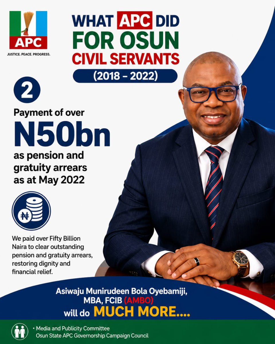 OgbeniDipo's tweet photo. What exactly did the APC @OfficialAPCNg do for Civil Servants in Osun between 2018-2022? Well, here are some FACTS! Asiwaju Munirudeen Bola Oyebamiji (@OyebamijiBola), the Gubernatorial Candidate of the APC (@OfficialAPCNg) in Osun State will do more 💙. https://t.co/hIvYJY8D10