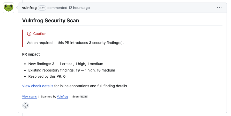 lilfrogdev's tweet photo. 23 days left to ship vulnfrog, the best security scanner for gh repos

today i took feedback from the @shipordie_ community and drastically improved our gh scan results. they are now:
- actionable
- detailed
- explain why each finding is a security risk

check out the before/after