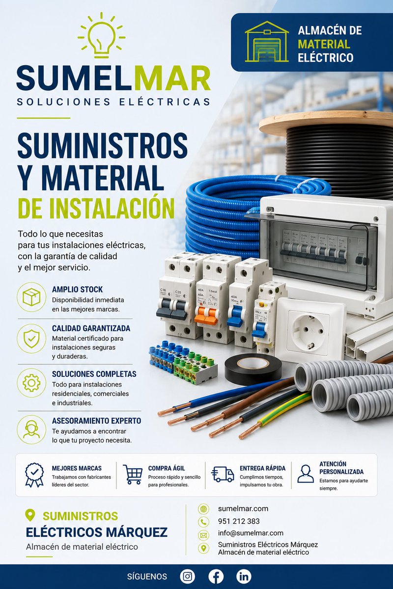 Sumelmar's tweet photo. ⚡ Desde la canalización hasta la conexión final.
Material de instalación profesional con la garantía de Sumelmar.

📍 Suministros Eléctricos Márquez
Almacén de material eléctrico
🌐 https://t.co/ye3ojQCw3t
📞 951 212 383
📧 info@sumelmar.com
#Sumelmar https://t.co/jPjJg7plk3