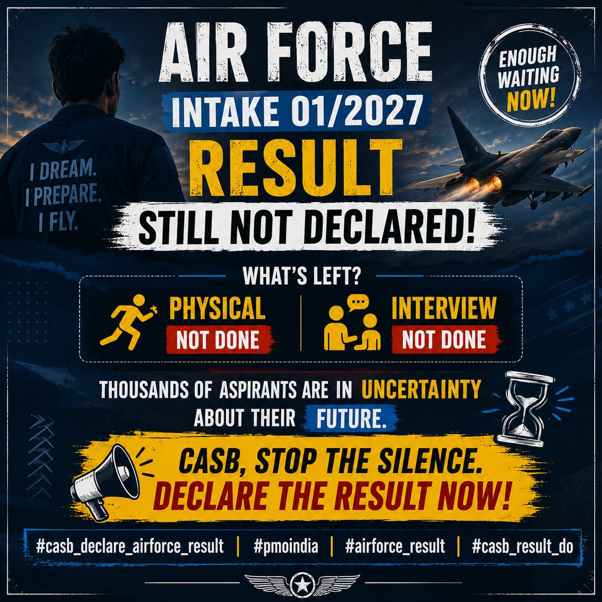 narendratharol's tweet photo. Exam completed. Aspirants waiting.
No Physical. No Interview. No Result.
How long will this delay continue?
CASB, declare the Air Force Intake 01/2027 result now!
#casb_declare_airforce_result
#pmoindia
#airforce_result
#casb_result_do https://t.co/uSMeCYBmXo