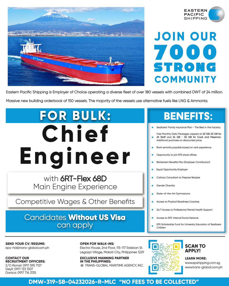 TRANSGLOBALMAR's tweet photo. 🚢 URGENT HIRING: CHIEF ENGINEER (BULK FLEET) 🚢

Email your CV/Resume: eps-rtd@trans-global.com.ph

DMW-319-SB-04232026-R-MLC "NO FEES TO BE COLLECTED."

#Seafarers #ChiefEngineer #MarineEngineering #MaritimeJobs #BulkCarrier #SeamanPH #EPS https://t.co/BDAuqpcqpj