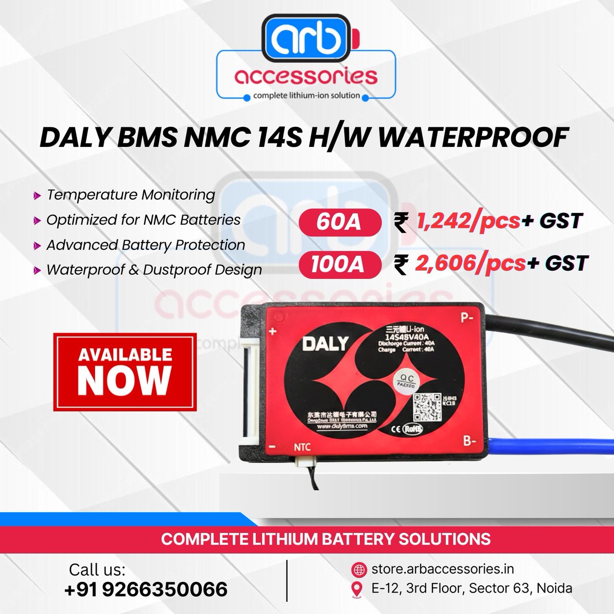 arb_ltd's tweet photo. ⚡ DALY NMC Waterproof BMS Series – Trusted Protection for Lithium Battery Packs 🔋

📍 E-12, 3rd Floor, Sector 63, Noida
📞 +91 9266350066
🌐 https://t.co/4BZbLAJl3D

#DALYBMS #NMCBMS #WaterproofBMS #BatteryManagementSystem #LithiumBattery #BatteryPack https://t.co/9TxueMAWgr