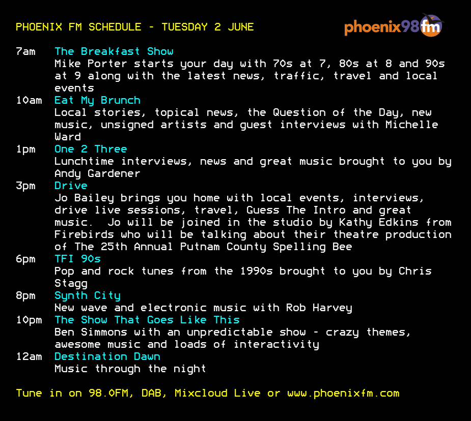 phoenixfm's tweet photo. Today's schedule on Phoenix FM - #communityradio for #Brentwood and #Billericay

@luckybitches @overtimer @jobaileymusic1 @bensimradio 

Tune in on 98.0FM, DAB, Mixcloud Live or on our website! https://t.co/2xF2tQpFxJ