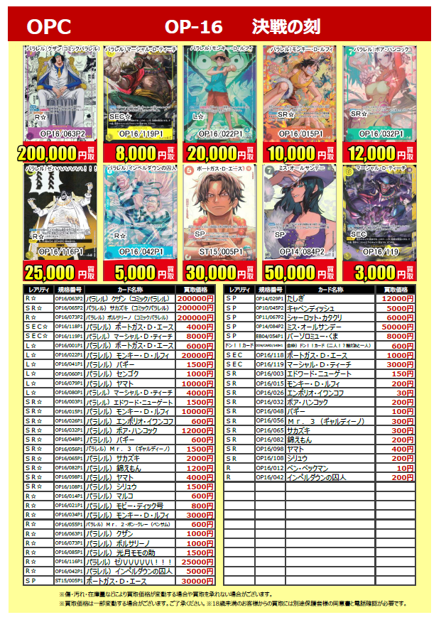 🙌新弾買取情報💯】 #ワンピースカード #決戦の刻 買取価格更新しま