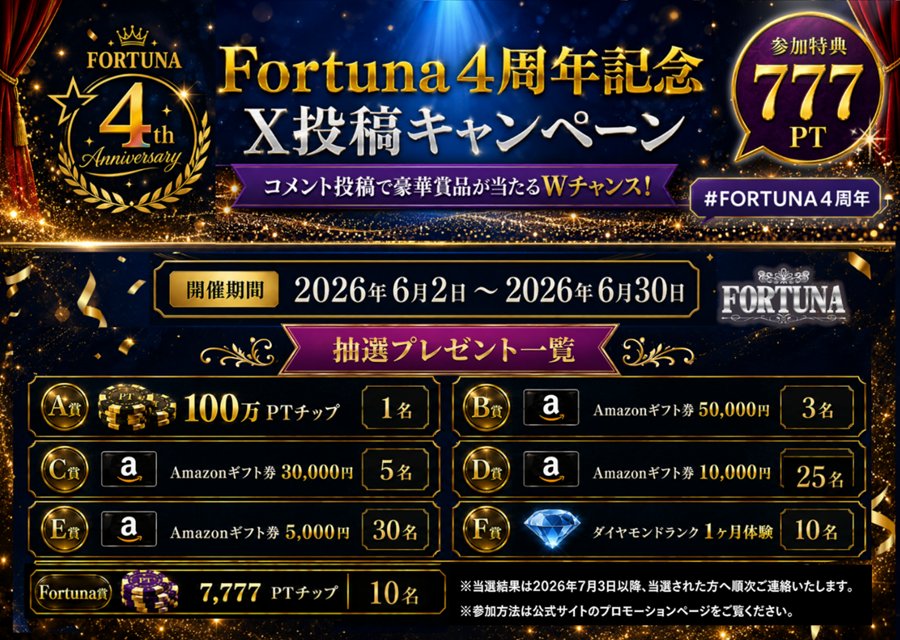 kenjiman0613's tweet photo. FORTUNA4周年おめでとうございます。いろんなカジノをプレイしてきましたが1番使いやすくメインで使用しています。スタッフの皆様、これからも頑張ってください。
#FORTUNA4周年 https://t.co/wECGtApK8B