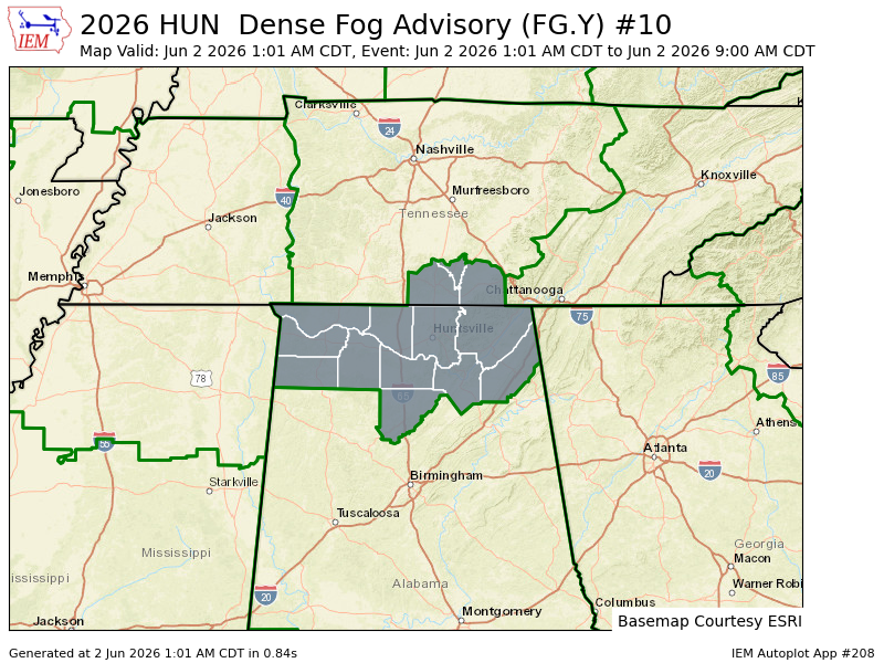 CullmanToday's tweet photo. HUN issues Dense Fog Advisory for Colbert, Cullman, DeKalb, Franklin, Jackson, Lauderdale, Lawrence, Limestone, Madison, Marshall, Morgan [AL] and Franklin, Lincoln, Moore [TN] till Jun 2, 9:00 AM CDT https://t.co/lIbEpua6Rd https://t.co/J4PddfhPYo