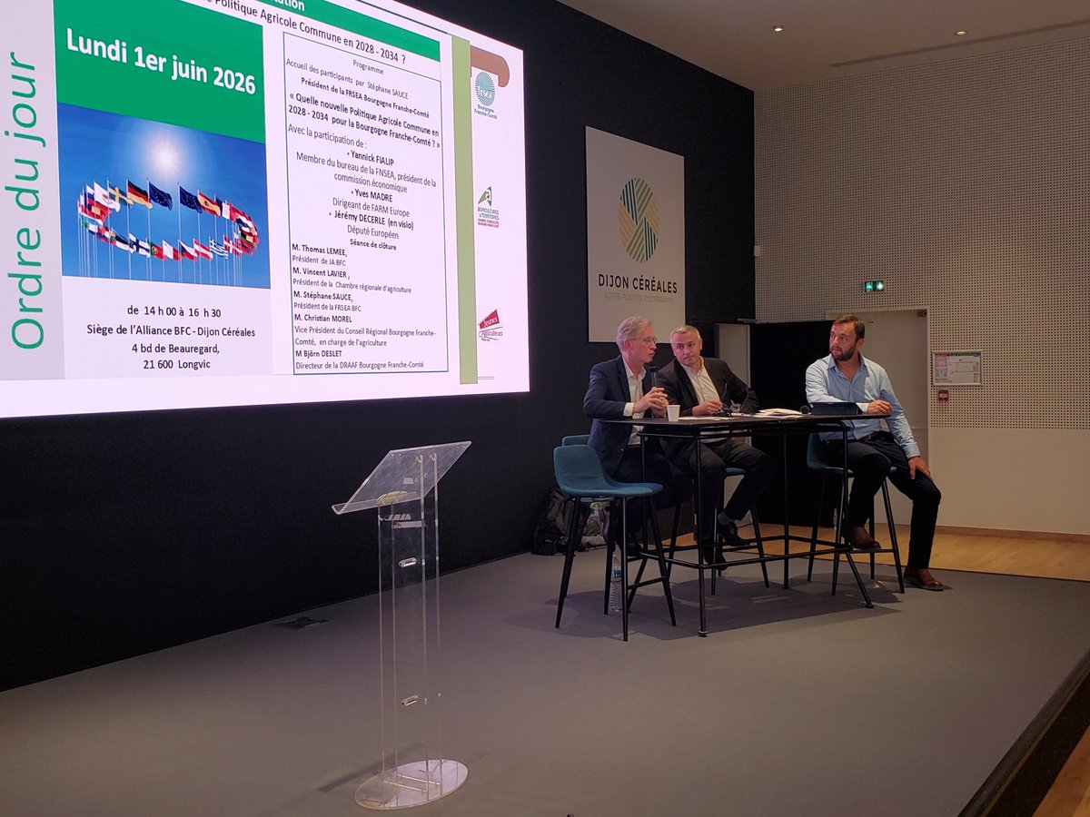 FRSEAFC's tweet photo. Assemblée générale de la Frsea Bourgogne Franche-Comté, le 1er juin 2026 sur   la nouvelle Pac,  un débat avec Yannick FIALIP,  président de la commission économique de la FNSEA, Yves MADRE, directeur de FARM Europe et Jérémy DECERLE,  député europeen https://t.co/Op2zCRK1cW