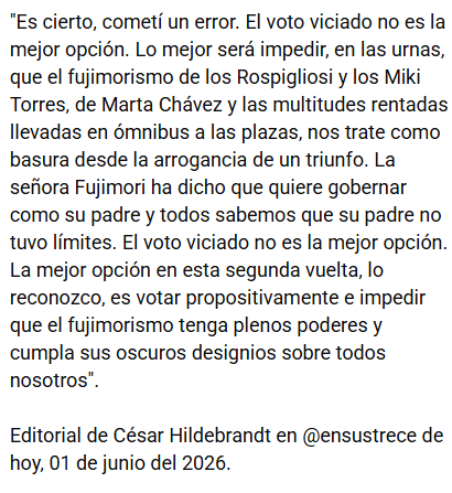 PorEstosNo2026's tweet photo. Hoy, César Hildebrandt con más de 50 años de trayectoria, nos da una lección de humanidad. 

Todavía estamos a tiempo de reconsiderar quien es el verdadero peligro para el futuro del país 🇵🇪 https://t.co/59F13JXq1r