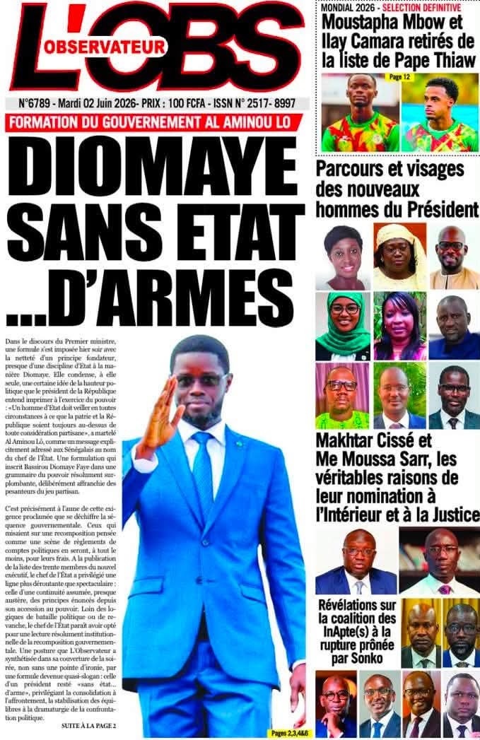 MasseneDIOUF3's tweet photo. Thread  la Une  des  journaux Sénégalais  du Mardi  02  Juin  2026 🇸🇳👇🏽.
Bonne  journée  à  tous 🇸🇳 😍.

#Senegal 
#kebetu https://t.co/Op3XE67M7N