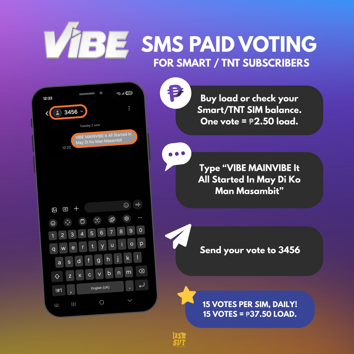 iasmsvt's tweet photo. We have three (3) ways to vote:

1. FB Messenger – Vote for free through Vibe PH’s official Facebook Messenger page. One vote per Messenger account.

2. SMS Voting – For SMART and TNT subscribers: buy ₱2.50 load and send your vote to 3456. Limited to 15 votes per SIM per day. https://t.co/OC25pfb0FM