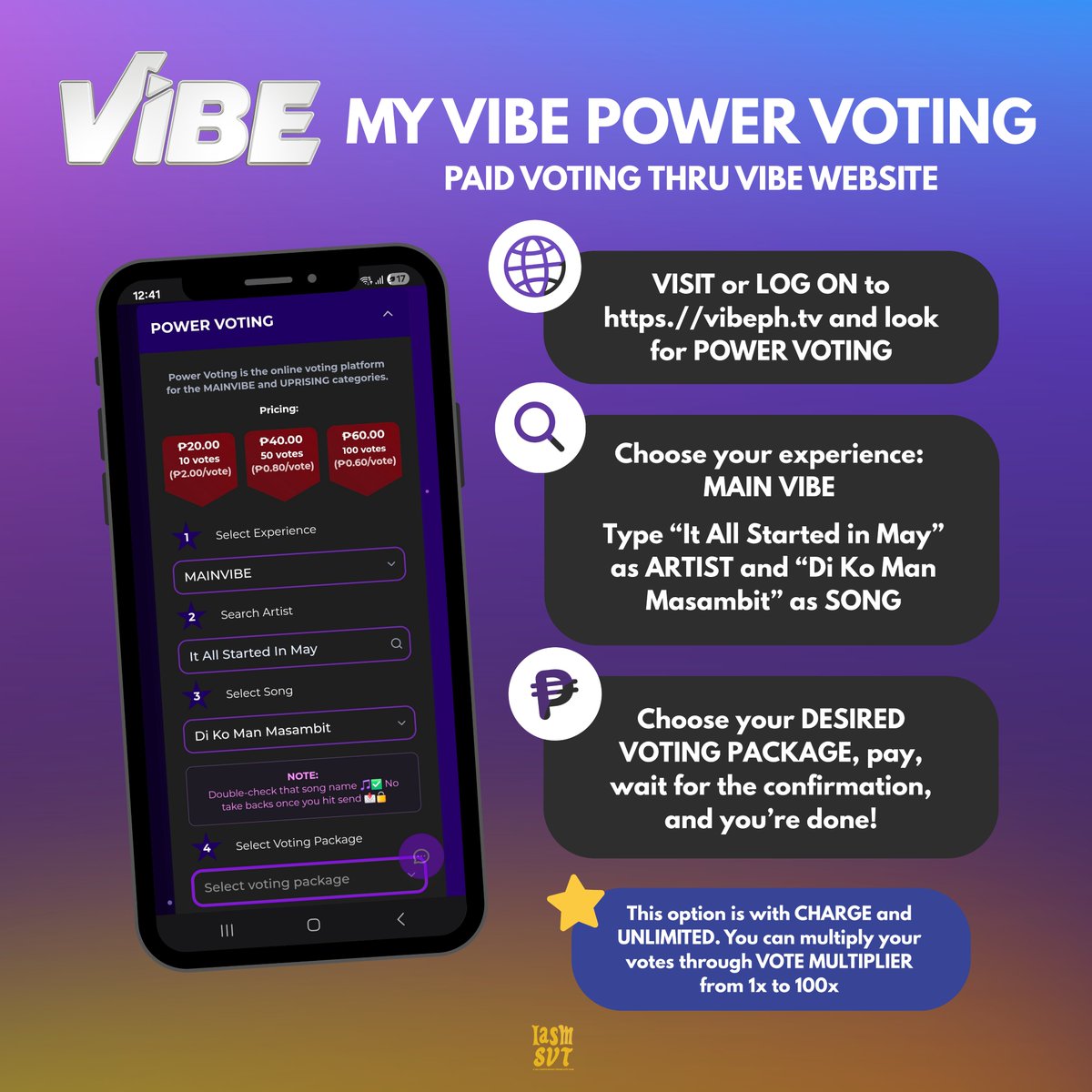 iasmsvt's tweet photo. 3. My Vibe Power Voting – Unlimited votes via Vibe PH’s official website: https://t.co/SufetKEdUW. Choose your desired package.

📅 Voting ends on June 11, 11:59AM! 💜

#ItAllStartedInMay #DiKoManMasambit 
#VibePH #VibePHMainVibe https://t.co/KaNM12afLX