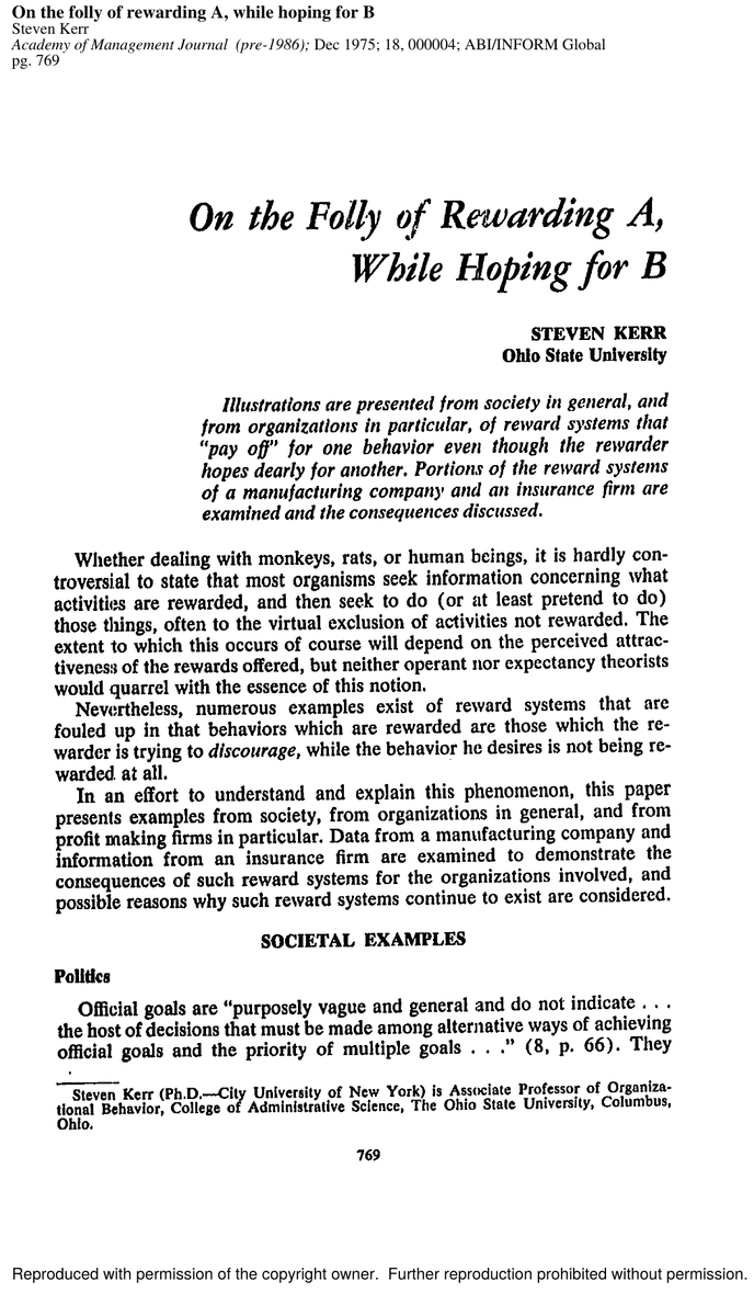 jonashernlund's tweet photo. A 50-year-old paper about soldiers, professors, and doctors is the best AI strategy document I have read this year. Steven Kerr's "On the folly of rewarding A, while hoping for B" (1975). https://t.co/0noI46YZuD