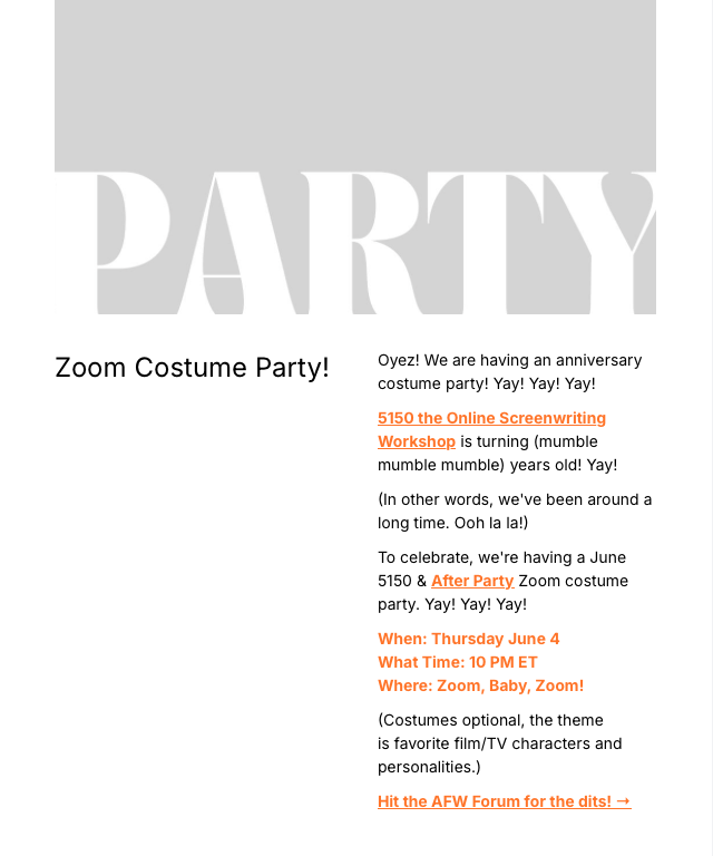 AFWnews's tweet photo. The AFW Newsletter is out. We have an upcoming anniversary Zoom party on June 4. Yay! #screenwriting #afwnews 

https://t.co/AfonPim1QD https://t.co/CmcGcfhmGm