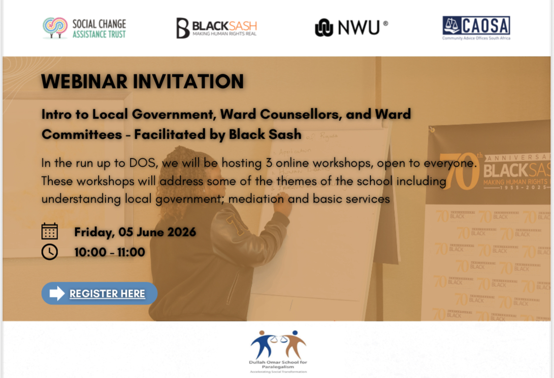 black_sash's tweet photo. As we prepare for the Dullah Omar School for Paralegalism, we are hosting a series of online workshops open to everyone.

Join our first webinar to learn more about local government and the role of ward councillors and ward committees in your community.

05 June 2026 | 10:00 – 11:00
Register via:https://t.co/taLTT9zLrJ

#dullahomarschool #blacksash #CommunityVoices #KnowYourRightss #localgovernment  @theNWU