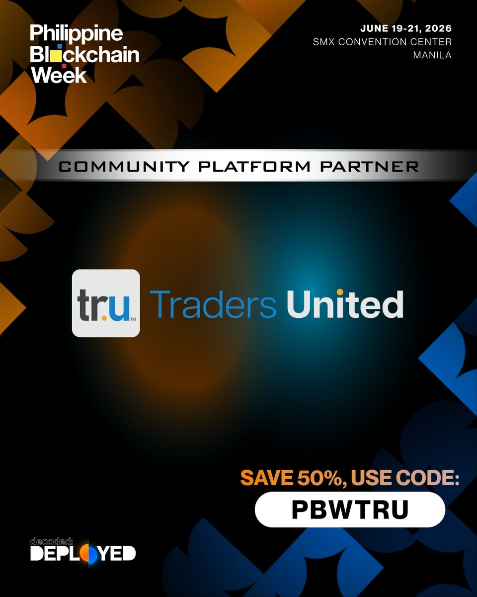 YOUareTRU's tweet photo. We’re proud to be a Community Platform Partner of Philippine Blockchain Week 2026!

📅 June 19–21 | SMX Manila
🎟️ https://t.co/bYRtpi5jAG
🏷️ Use code PBWTRU for 50% off
See you at #PBW2026 
#TradersUnited #PhilippineBlockchainWeek https://t.co/fTdksyjCH9