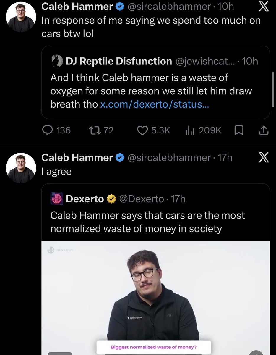 Awk20000's tweet photo. Caleb Hammer puts a Twitter user on blast for getting very upset at him for his take about cars being the most normalized waste of money https://t.co/Mij7Ysaa9C