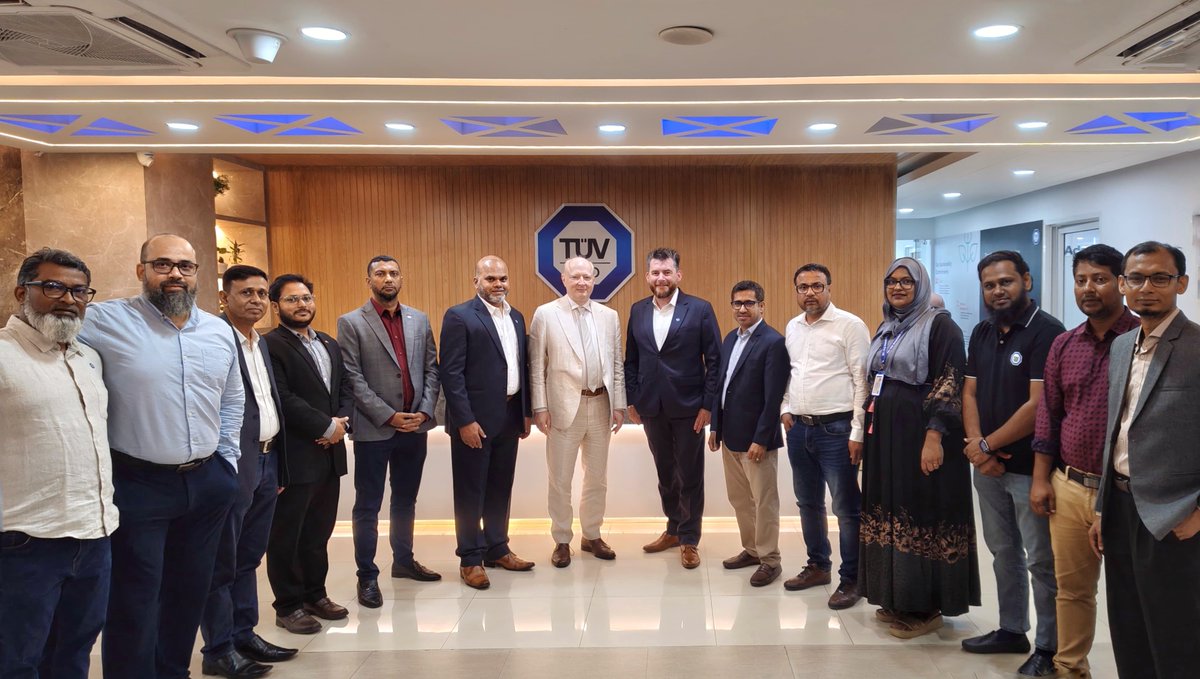 GermanEmbassyBD's tweet photo. @GerAmbBD recently visited TÜV SÜD Bangladesh, discussing infrastructure, sustainability and export competitiveness. As a leading German testing, inspection, and certification provider, TÜV SÜD has helped 🇧🇩 industries meet international standards since 2008. #GermanyinBGD https://t.co/6nCHpzN2NR