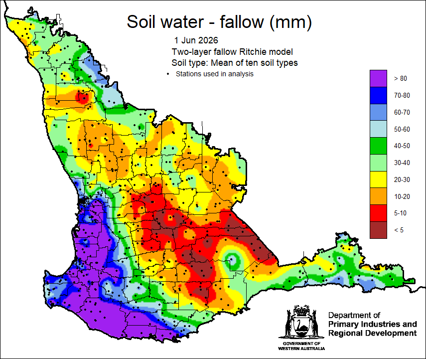 MeredithGuthr15's tweet photo. @DPIRDbroadacre rainfall and soilwater maps for 1 June 2026. From 1 April - Pemberton has had 254 mm, Cadoux 16 mm. Everything ok soil water wise. Read the June Seasonal Climate Outlook on DPIRD website. Another cold front next week. #climate https://t.co/yofjYqiWDk