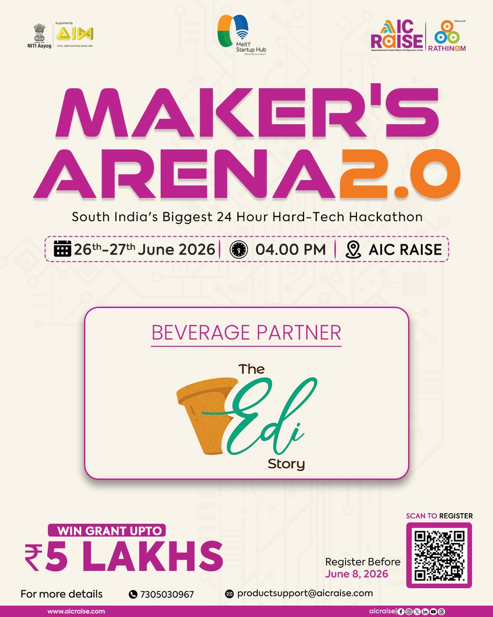 aic_raise's tweet photo. Excited to welcome The Edi Story as the Beverage Partner for Maker's Arena 2.0!

South India's Biggest 24-Hour Hard-Tech Hackathon, The Edi Story, will keep innovators energised and fueled throughout the journey.

💰 Win Grants up to ₹5 Lakhs

Scan to register. https://t.co/gL4v8ZGkIU