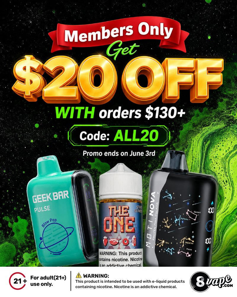 EightVape's tweet photo. 🎯 CODE just dropped.

Use ALL20 at checkout when you spend $130+ → bam, $20 OFF.

Short &amp; sweet: ends June 3, US only，while stock lasts 🔥

Grab it before it’s gone 👇
https://t.co/47dLYxz5CL

#EightVape #MemberPerks #FlashDeal #BlueCollar https://t.co/v7iC5kfzaR