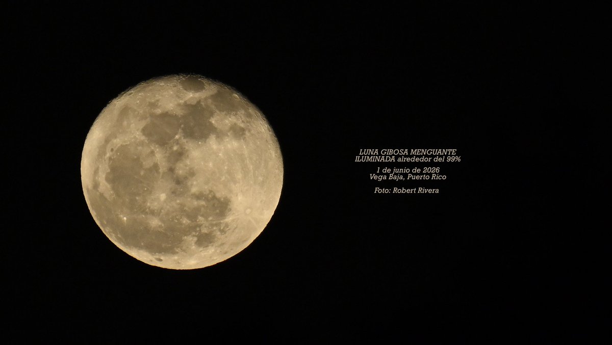Robert_RiveraPR's tweet photo. 🌒LUNA GIBOSA MENGUANTE vista desde Vega Baja, Puerto Rico 🇵🇷 / Lunes, 1 de junio de 2026 🌒

#lunagibosamenguante #VegaBaja #PuertoRico #moon #luna #astrophotography #moonphotography #astronomy #astronomía  #PR #vegabajapr #moonlight #moonlovers #sinfiltros #terapia #therapy https://t.co/N0APbzY0jG