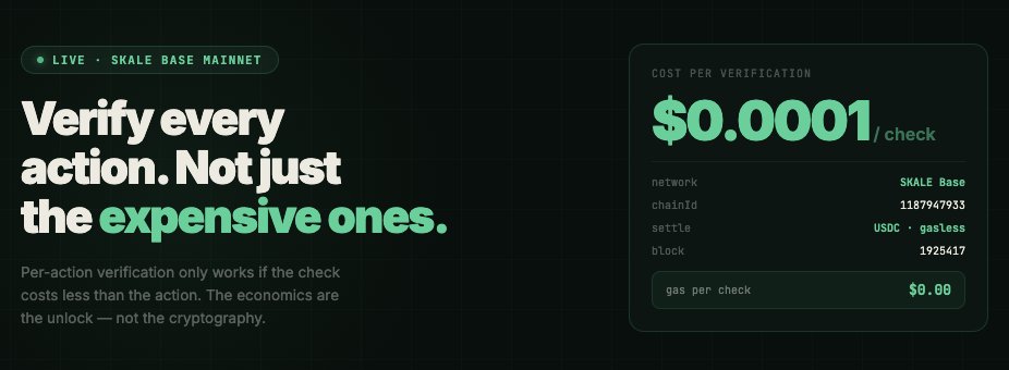AgentOracle_AI's tweet photo. Per-action verification only works if the check costs less than the action itself.

On SKALE Base: $0.0001 per verification, completely gasless USDC settlement.

At that price point, you can verify every action — not just the expensive ones.

The economics are the real unlock.

AgentOracle /deep-research/skale is now live.

@SkaleNetwork