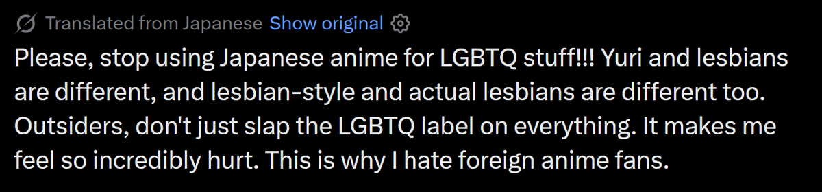 Sturgeons_Law's tweet photo. It's fascinating that a large group of Japanese media fans into fictional gay and lesbian relationships get mad if you connect them to real-life things like the sentiment that it's fine to be lesbian or Pride month. I'm not sure we have a clear analogue in the West. https://t.co/hYPfNpqXh3