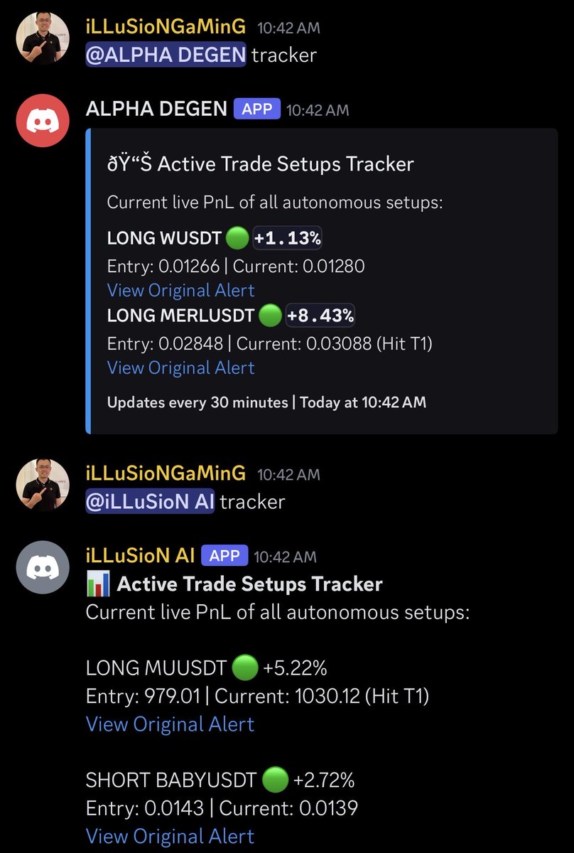 RState27's tweet photo. On our server it’s all green 🪀🪀

🟢 During this shitty market our ai is giving Back to Back green pnls 🚀

🍒 Cherry on the tops is - You will also get exclusive trades from @CzIllusion69 @kamalamvishnu and me 
 
🚀 All of this will cost you $0 #free 

Dm @CzIllusion69 to join https://t.co/L98dbaoIzX