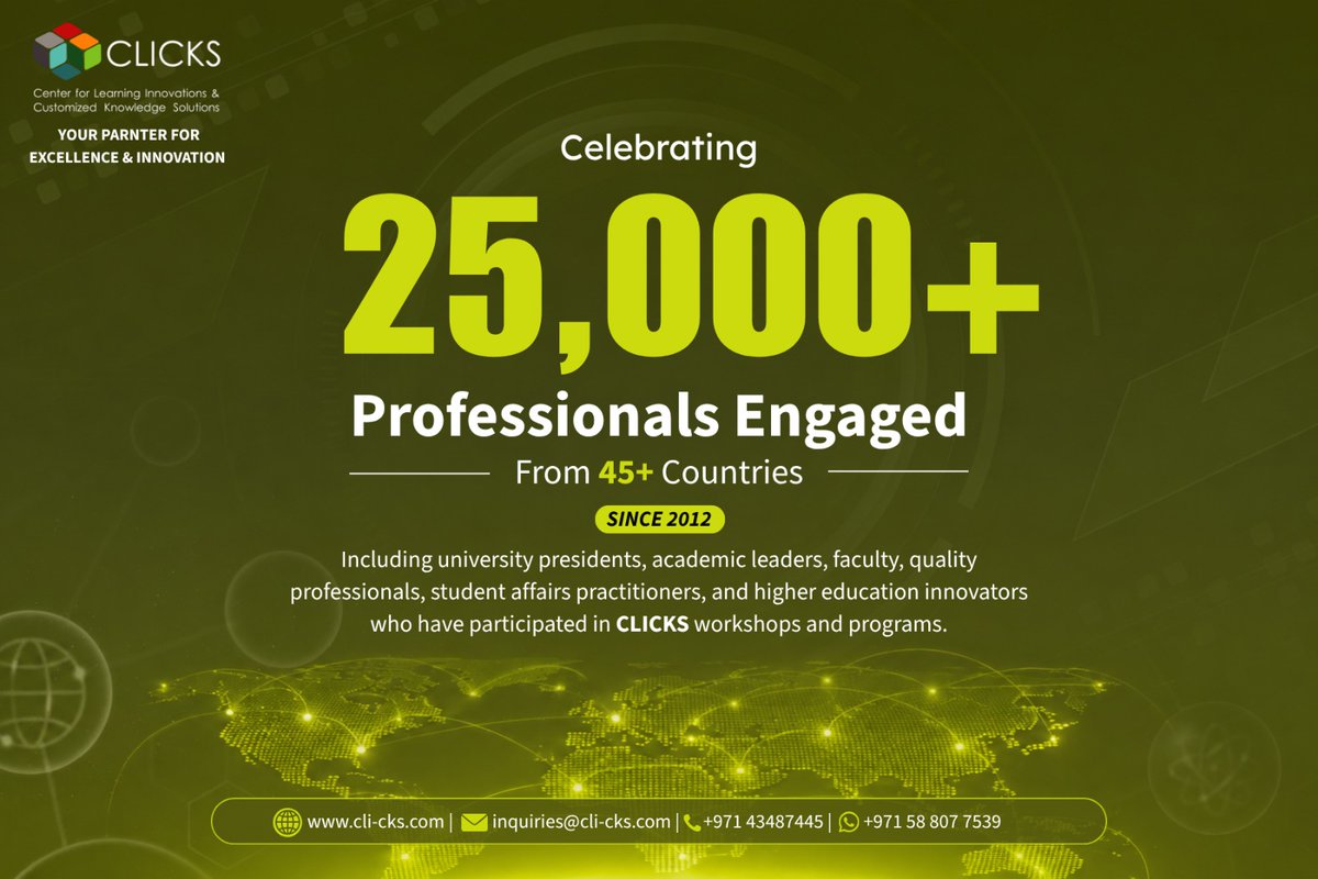 CLI_CKS's tweet photo. 🎉 A meaningful milestone for all of us at CLICKS 🎉

Since 2012, we have engaged over 25,000 professionals from 45+ countries through workshops, certificate programs, online courses, and summer institutes. https://t.co/o6TOEBcSTb