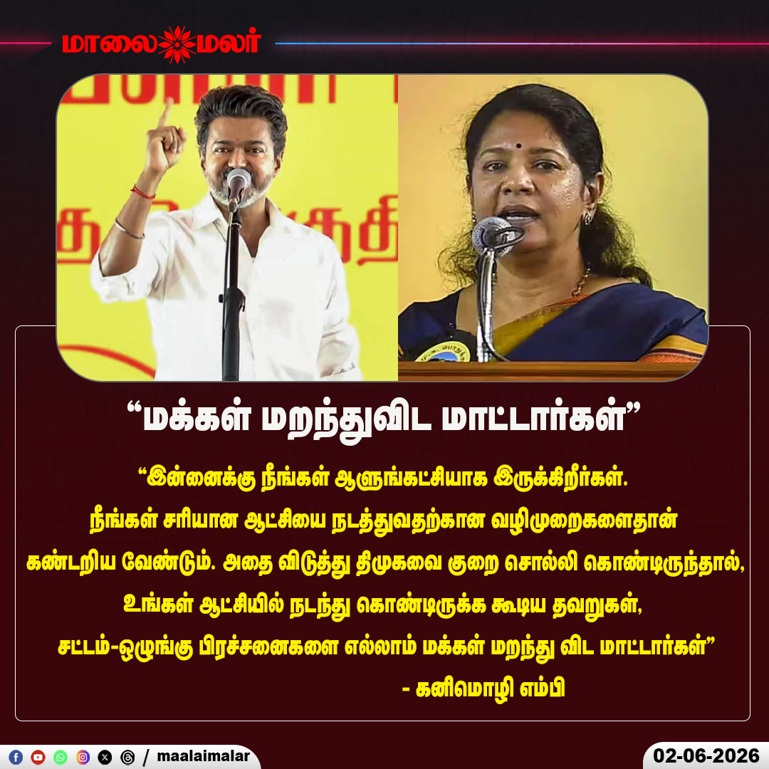 maalaimalar's tweet photo. "மக்கள் மறந்துவிட மாட்டார்கள்’’ - கனிமொழி எம்பி
#Kanimozhi #DMK #TamilNaduPolitics #PoliticalStatement #RulingParty #OppositionVoice #LawAndOrder #Governance #PeopleWillRemember #PoliticalDebate #TamilPolitics #KanimozhiMP #PublicAccountability #PoliticalNews #BreakingNews #CurrentAffairs #TamilNews #GovernmentPerformance #NewsUpdate #Maalaimalar