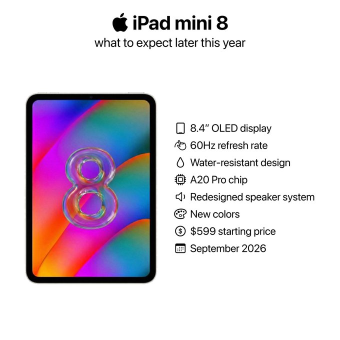 james_a3's tweet photo. #Apple #TechSupplyChain  iPad mini 8  Sep 2026 release, big spec jump vs mini7 Core spec upgrade list:▫️Display: Upgrade from 8.3 LCD → 8.4-inch  SDC Hybrid OLED▫️Chip: A20 Pro | New IP68 water-resistant chassisr system + fresh body colorsPricing: Initial yearly shipment: 2M。 https://t.co/2tXu32M4Ga
