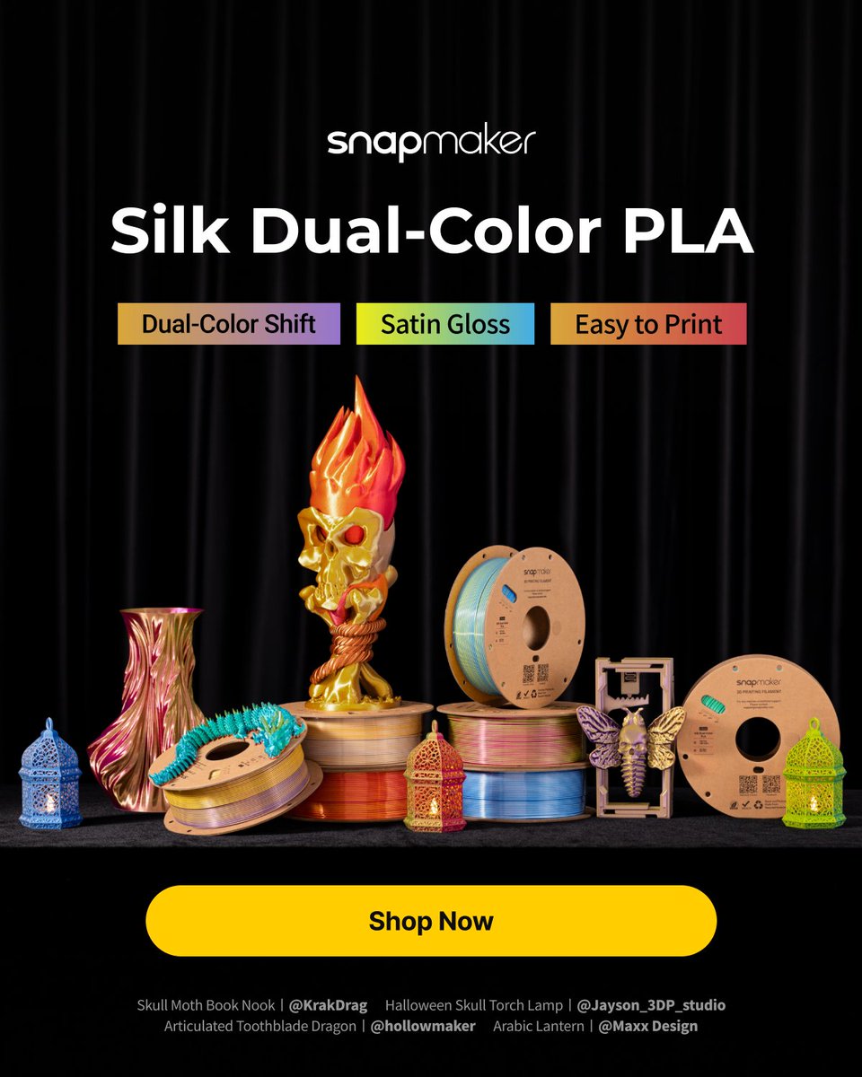 snapmaker's tweet photo. New Filament: Silk Dual-Color PLA. 💫
Add vibrant color-shift effects and silky gloss to every print with stunning dual-tone finishes. 🌈

Grab your favorite colors and enjoy the bulk sale:
Buy 10+ Rolls → ONLY $14.95/Roll 🔥
🛒 US Store: https://t.co/wTqMZcPIW2
🛒 EU Store: https://t.co/2SqUJxteBC
🛒 Global Store: https://t.co/cjfRHUXzo7

#Snapmaker #3DPrinting #Filament #PLA #Silk