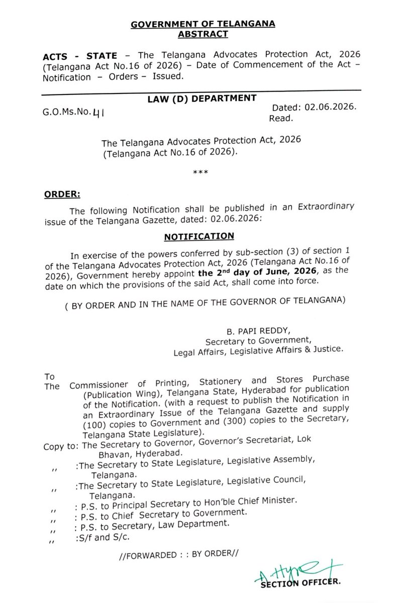 JacobBhoompag's tweet photo. The Telangana Advocates Protection Act, 2026 has come into force from 02-06-2026. https://t.co/oo6sZ6wHcT