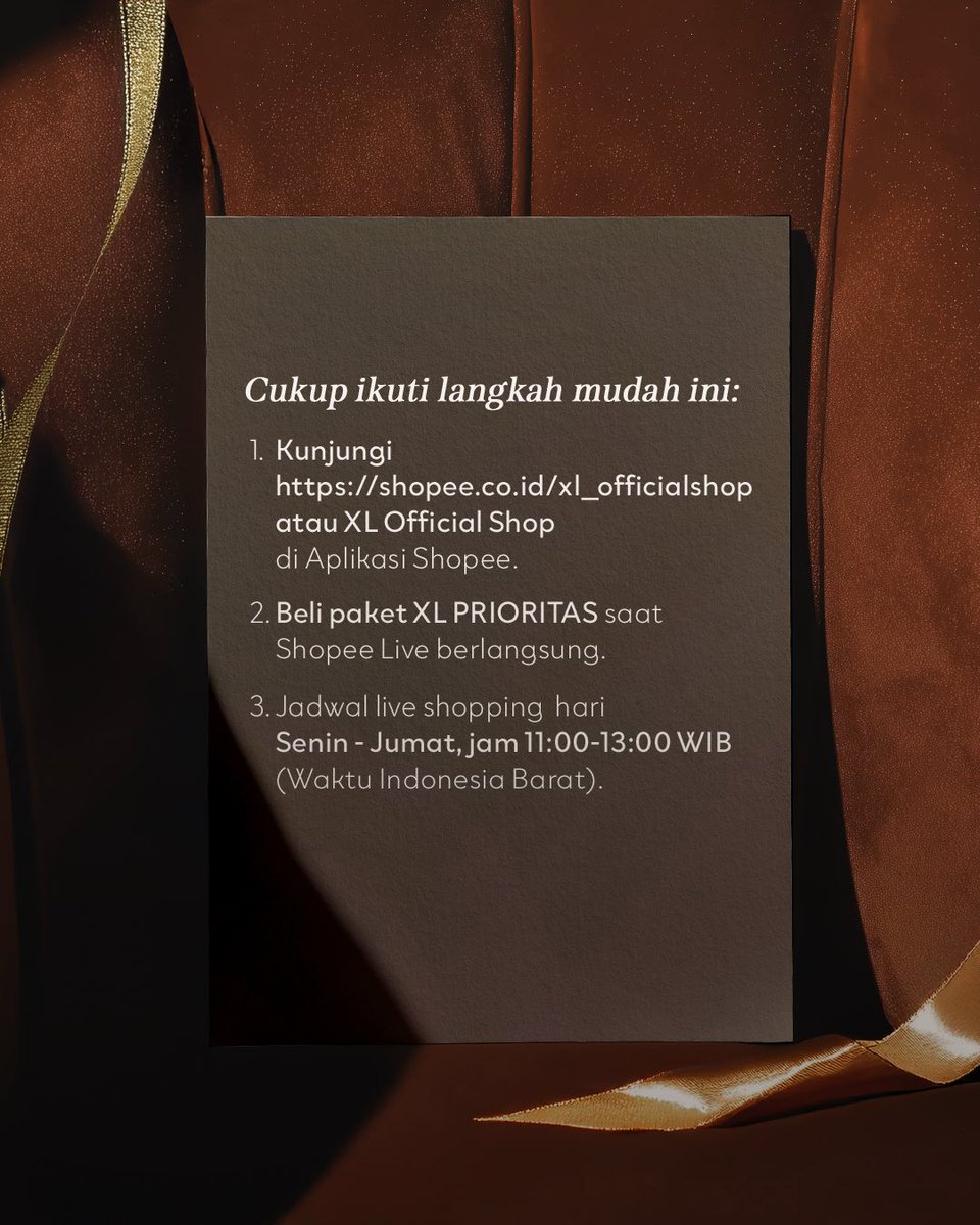 XL_Prioritas's tweet photo. Upgrade ke XL PRIORITAS kini jauh lebih mudah.

Dapatkan diskon pembelian spesial hingga 25% untuk pembelian XL PRIORITAS saat Shopee Live XL Official Shop berlangsung. Setiap Senin - Jumat, pukul 11.00-13.00 WIB. 

Tonton sekarang &amp; ambil penawaran istimewa ini!

#XLPRIORITAS https://t.co/MT10nJJRr0